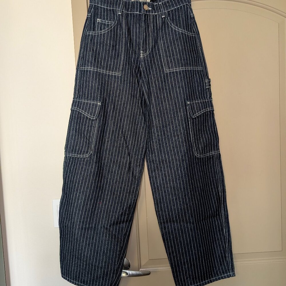 Striped Wide Leg Cargo Jeans - Black